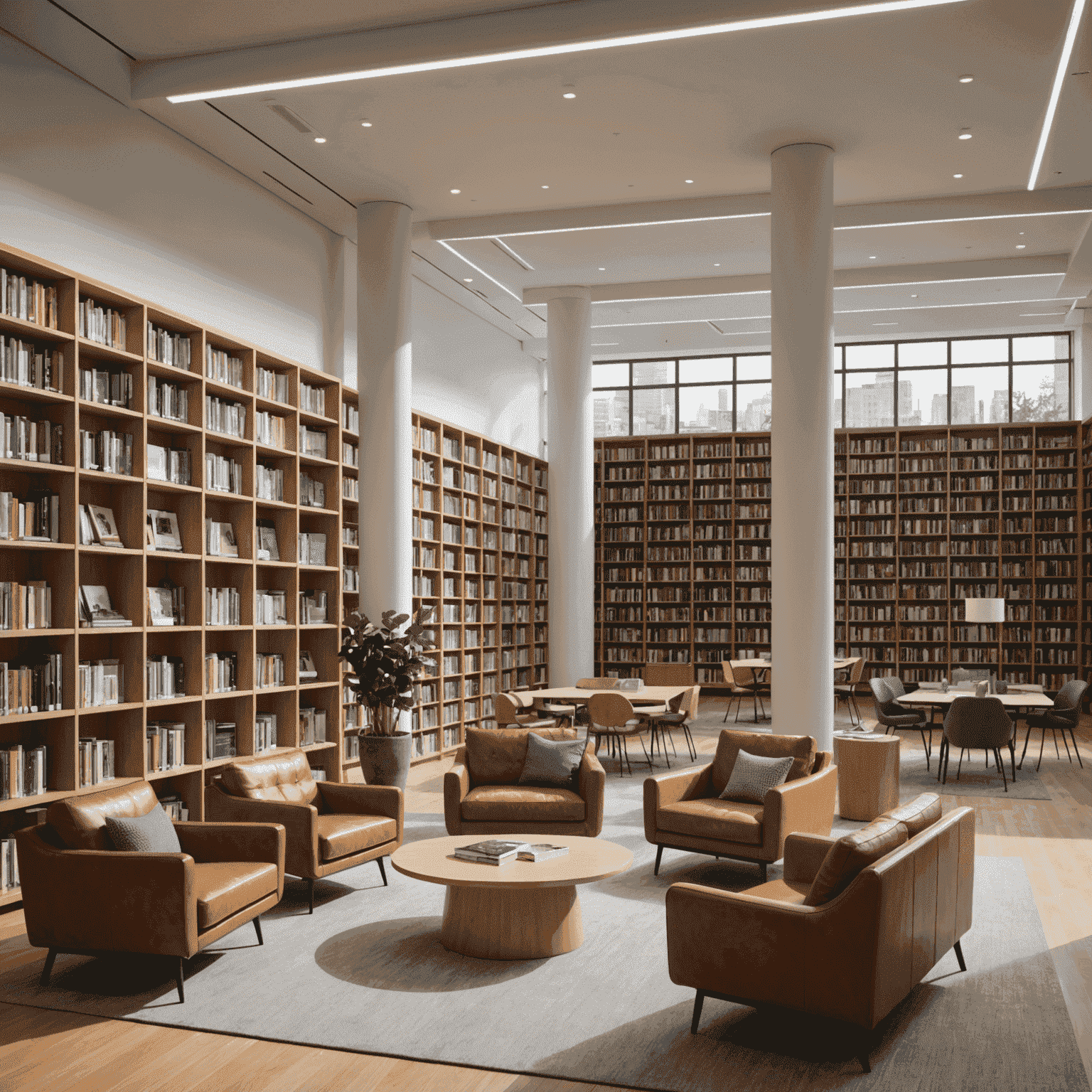 Ein moderner Bibliotheksraum mit hellen, offenen Räumen, gefüllt mit Bücherregalen, gemütlichen Sitzecken und Computerstationen. Junge, diverse Besucher lesen, arbeiten an Laptops oder diskutieren in kleinen Gruppen.