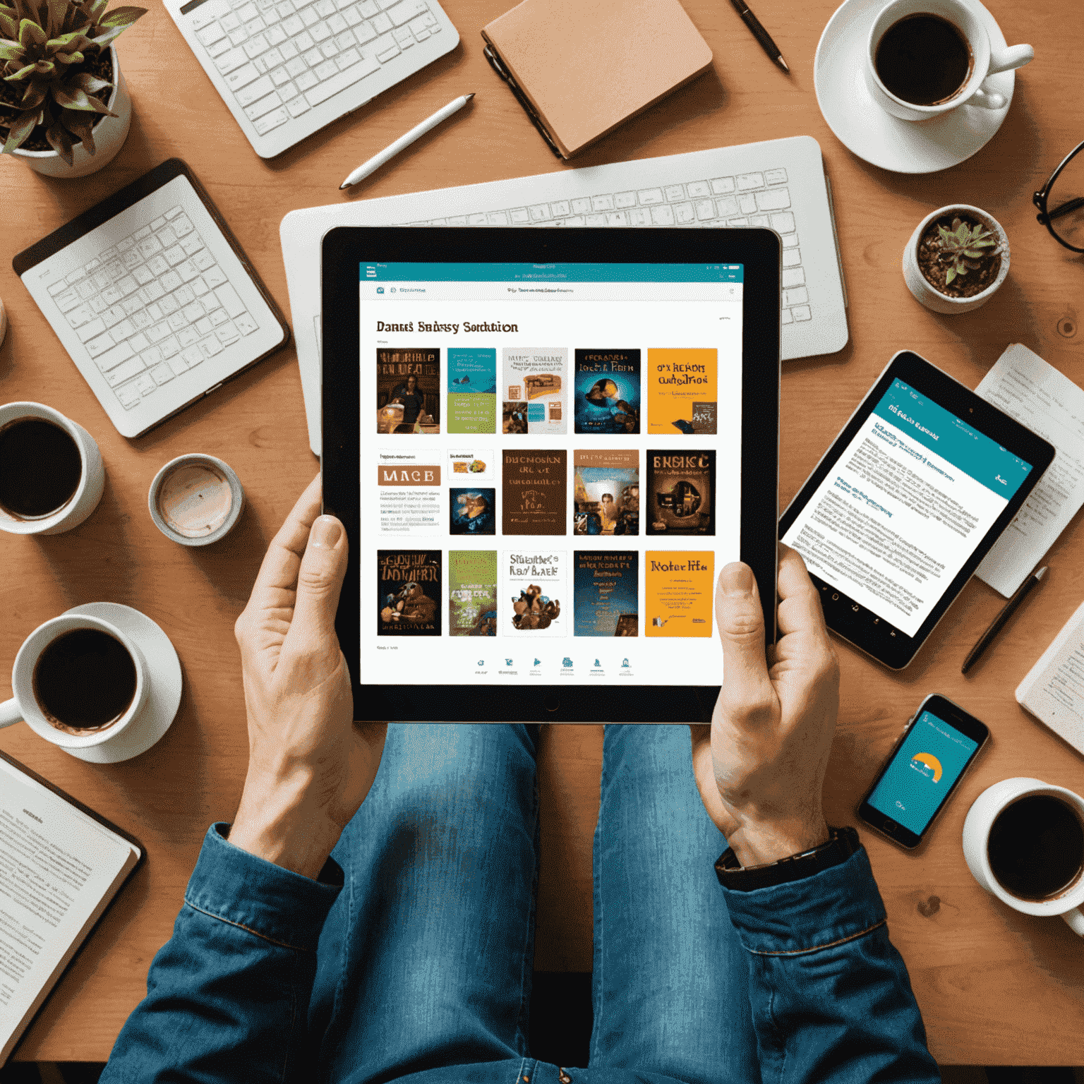 Eine Collage von verschiedenen digitalen Geräten, die E-Books, Audiobooks und Online-Recherche-Tools anzeigen. Im Vordergrund sieht man Hände, die ein Tablet bedienen, auf dem die Startseite der Bibliotheks-App zu sehen ist.