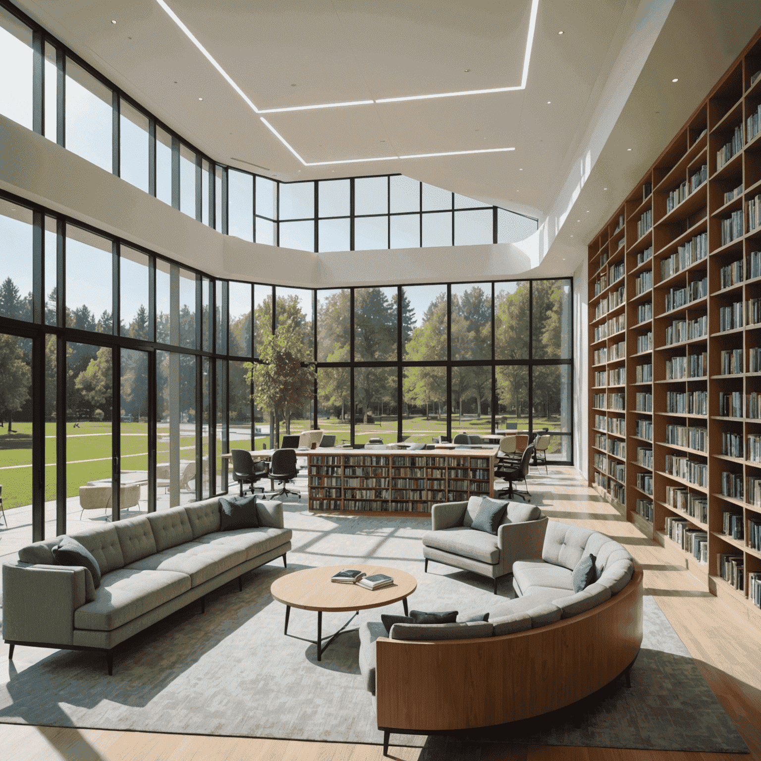 Panoramabild der Frouries Bibliothek mit modernen Leseecken, Computerarbeitsplätzen und Bücherregalen. Helle, offene Räume mit großen Fenstern und gemütlichen Sitzgelegenheiten.