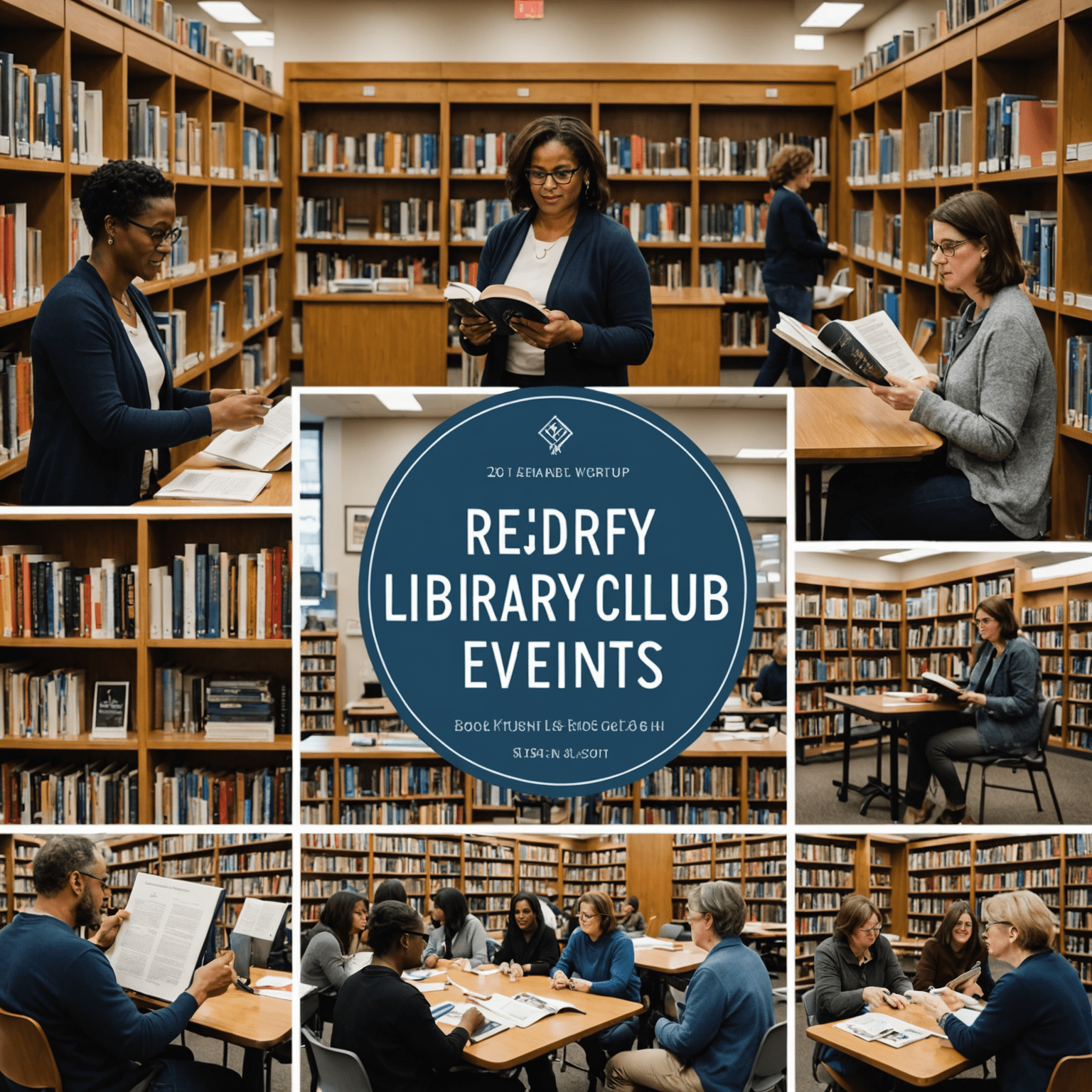 Collage von Bibliotheksveranstaltungen: Lesung, Buchclub und Workshop