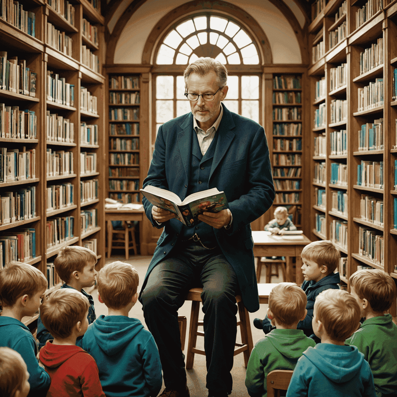 Bild von Klaus Weber, einem lokalen Kinderbuchautor, der in der Bibliothek von Horstmar eine Lesung für Kinder hält