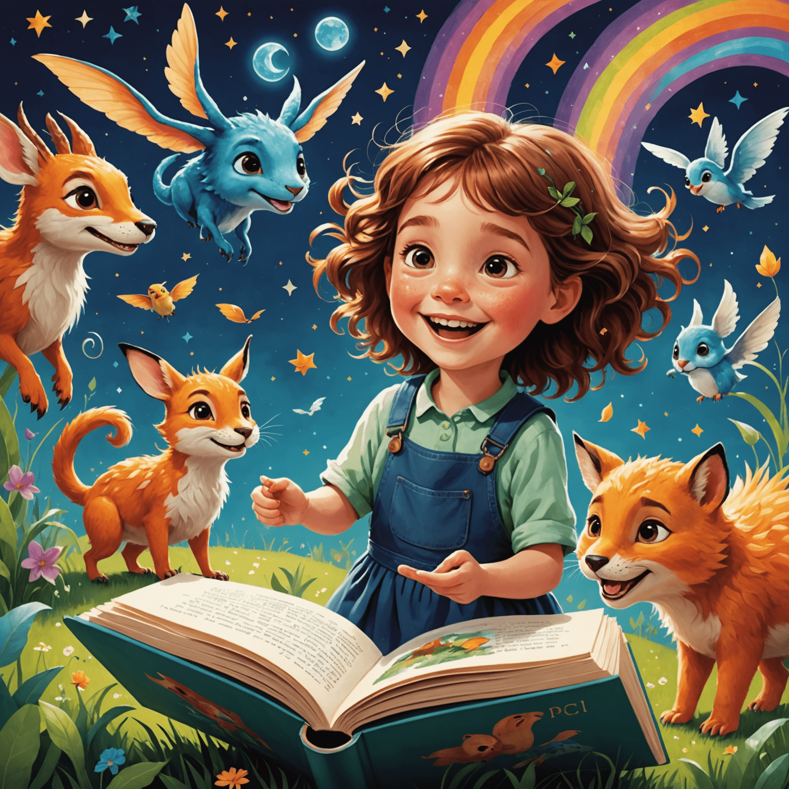 Farbenfrohe Illustration eines Kinderbuchs mit magischen Kreaturen und einem lachenden Kind