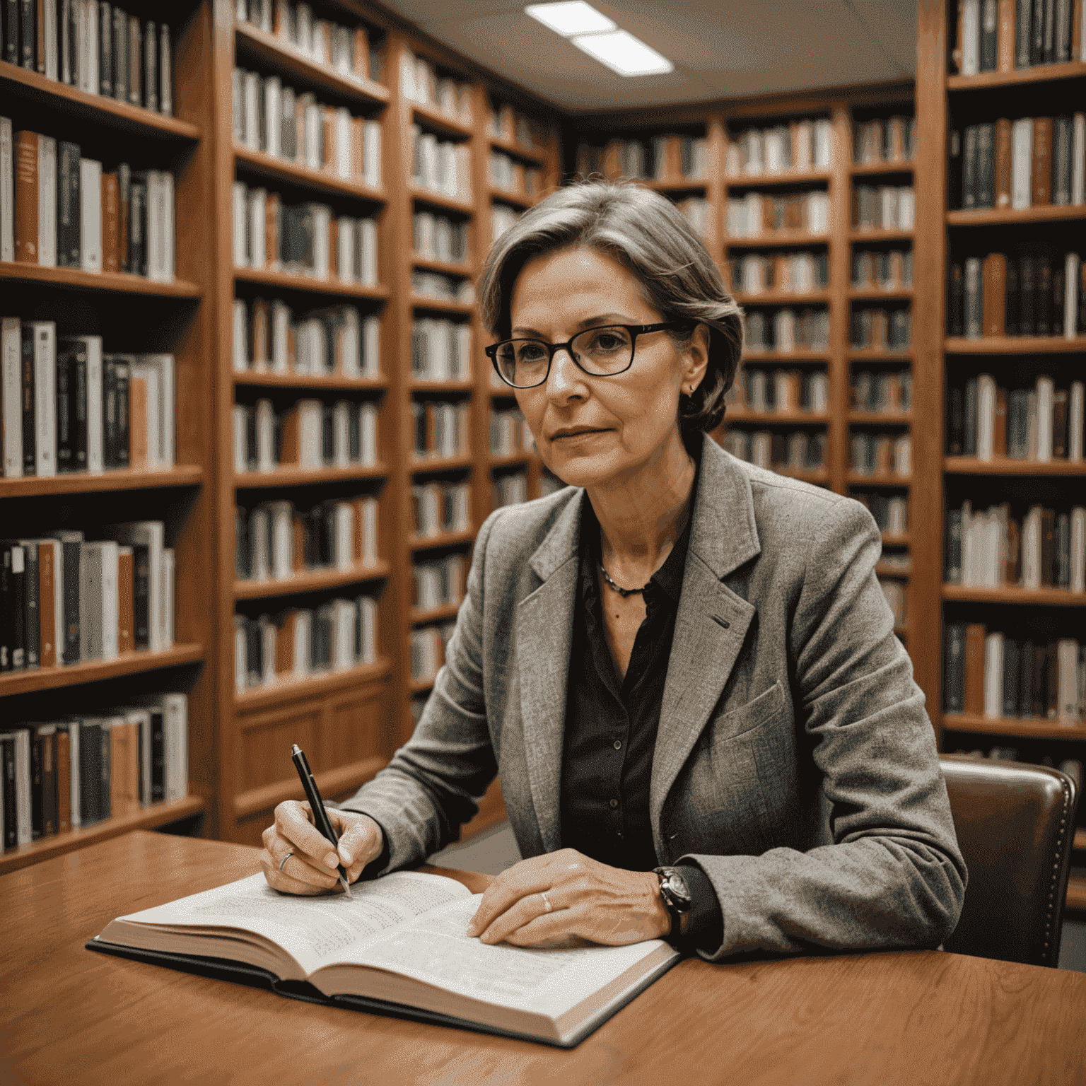 Foto von Sabine Müller, einer lokalen Sachbuchautorin, die in der modernen Bibliothek von Horstmar recherchiert