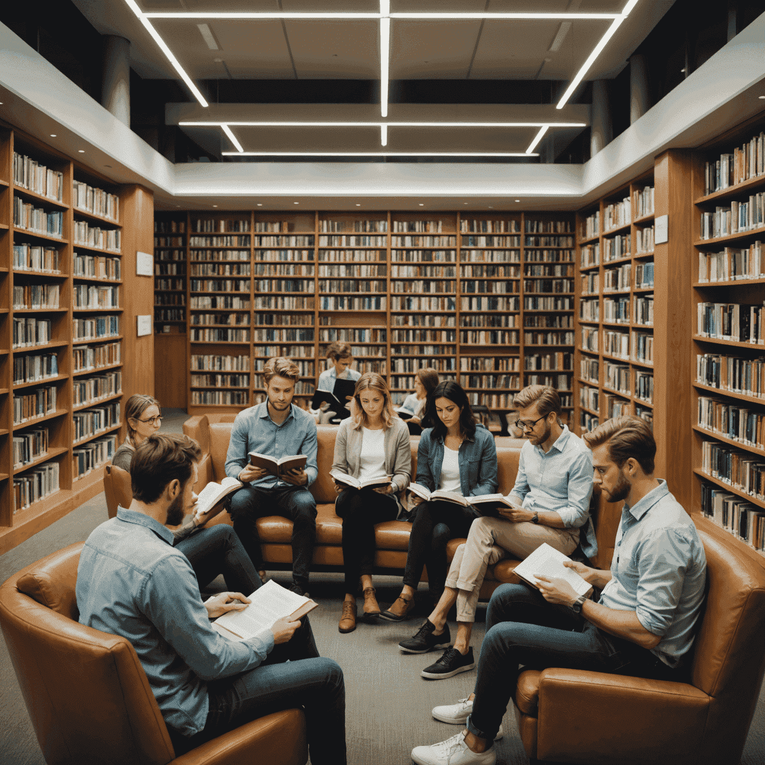 Gruppe von Menschen, die an einer Lesung in einer modernen Bibliothek teilnehmen