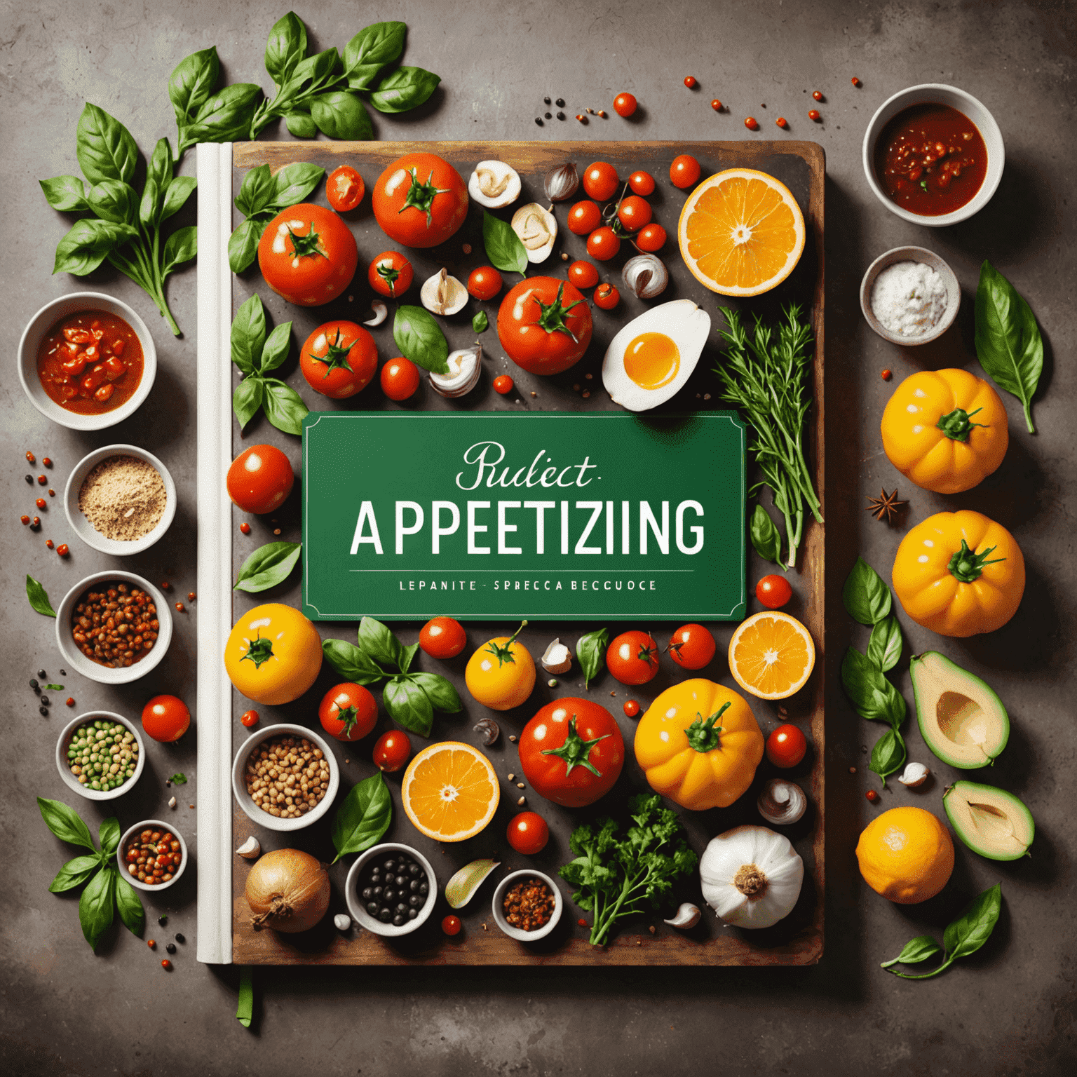 Appetitanregendes Buchcover eines Kochbuchs mit frischen, bunten Zutaten