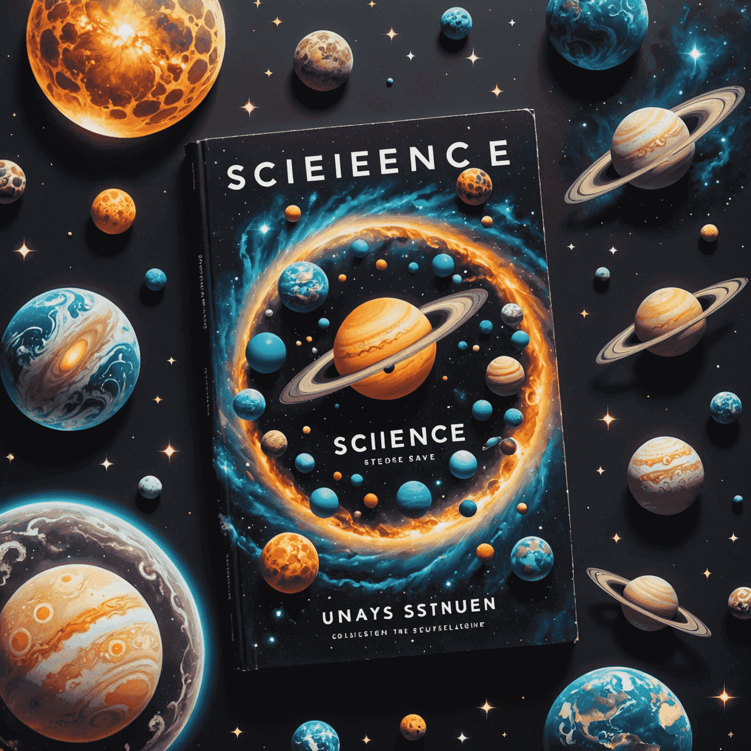 Faszinierendes Buchcover eines Wissenschaftsbuchs mit Abbildungen von Galaxien und Planeten